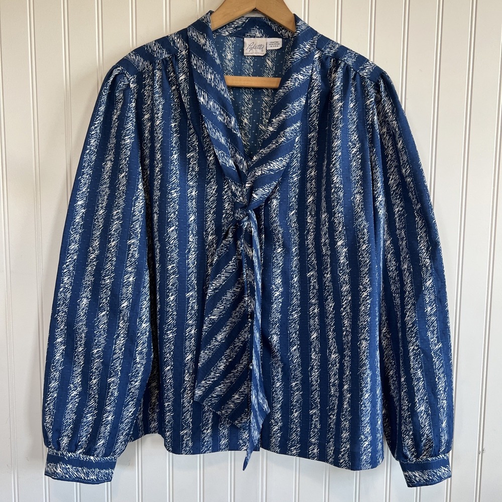 Vintage Pykettes Striped Secretary Blouse Bow Tie Neck Long Sleeve Women Blue